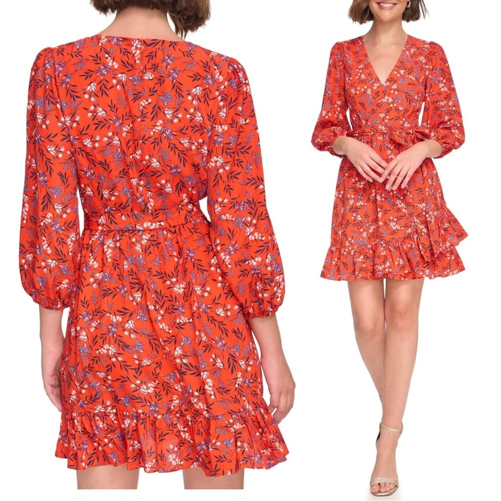 Eliza J Floral 3/4 Sleeve Faux Wrap Dress in Red